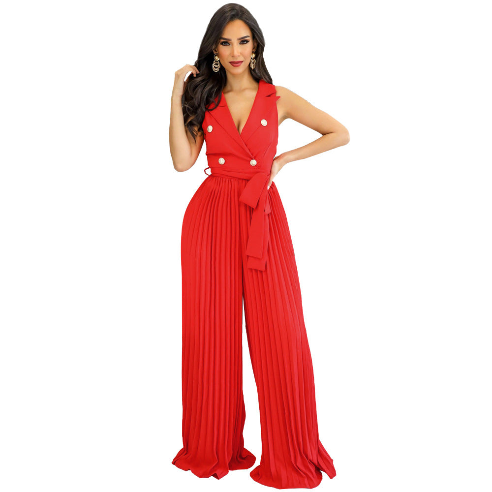 Spring Summer V neck Sleeveless Backless Elegant Street Pleated Wide Leg Jumpsuit Red