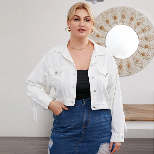 Plus Size Denim Jacket Tassel Short Stitching Jacket Casual Women Clothing