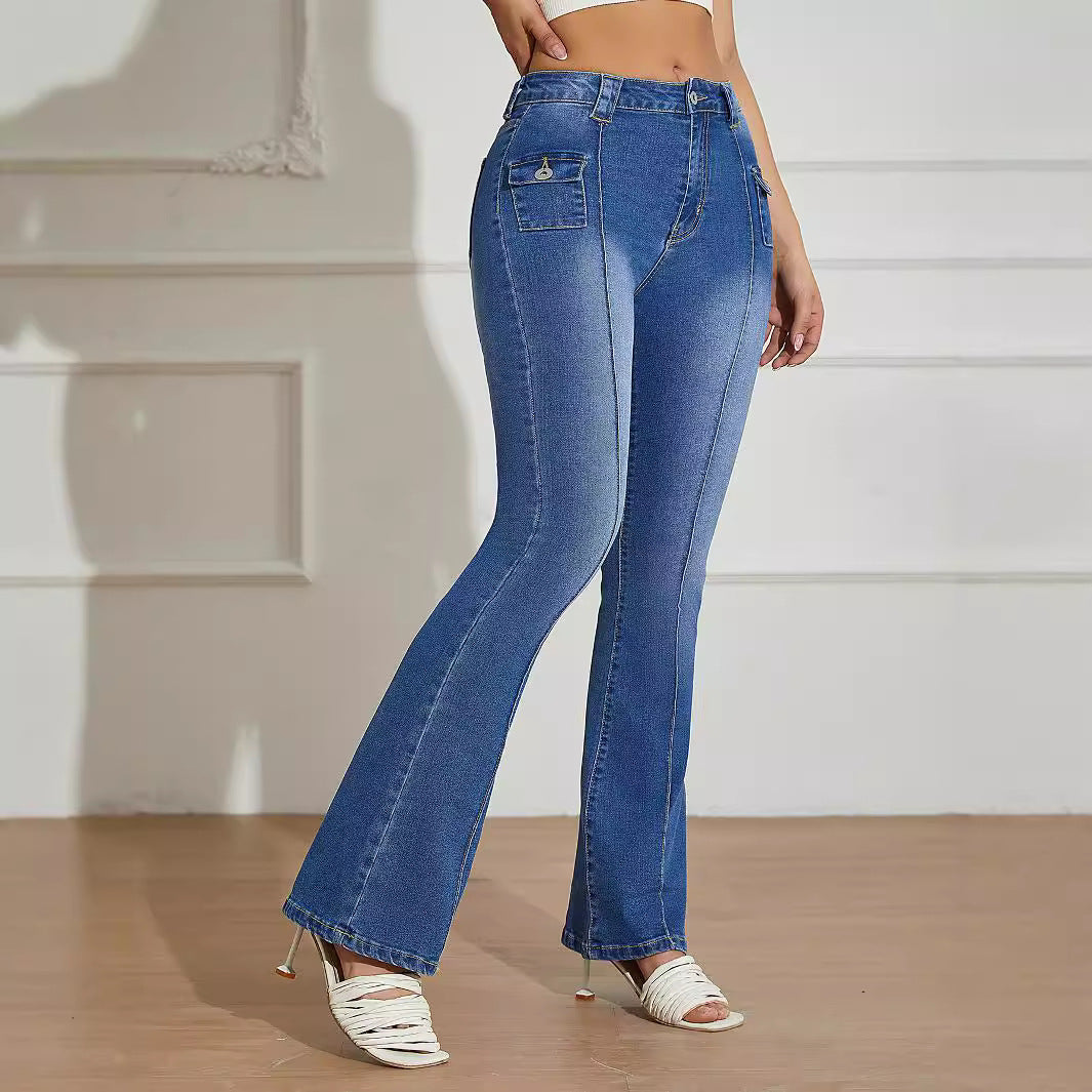 Women Pants Pocket Patch High Waist Stretch Jeans Bell-Bottom Pants Casual Trousers