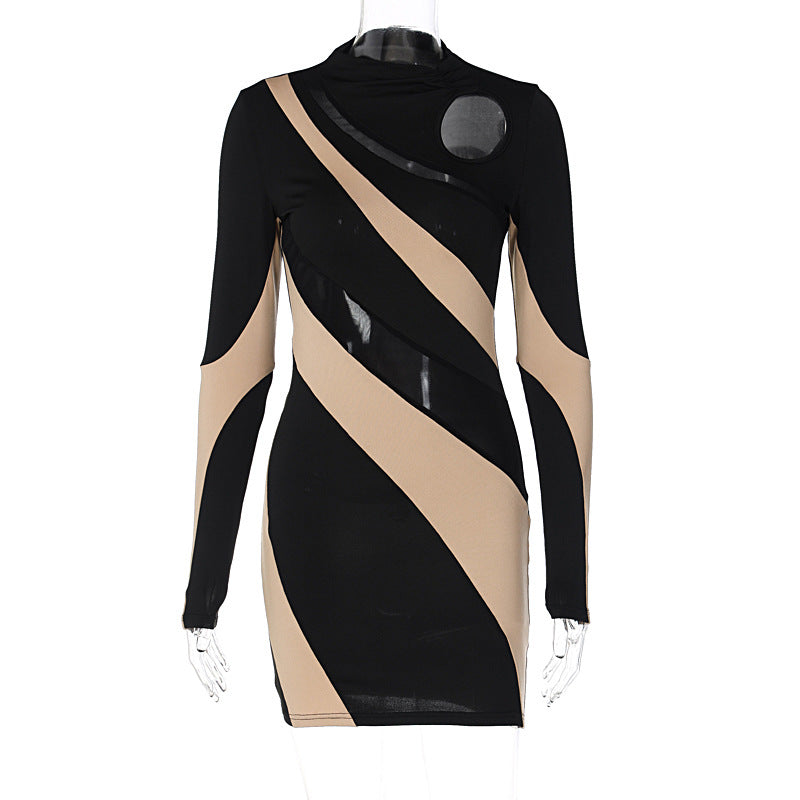 Women Clothing Spring Stitching Hollow Out Cutout Round Neck Long Sleeve Slim Dress Black