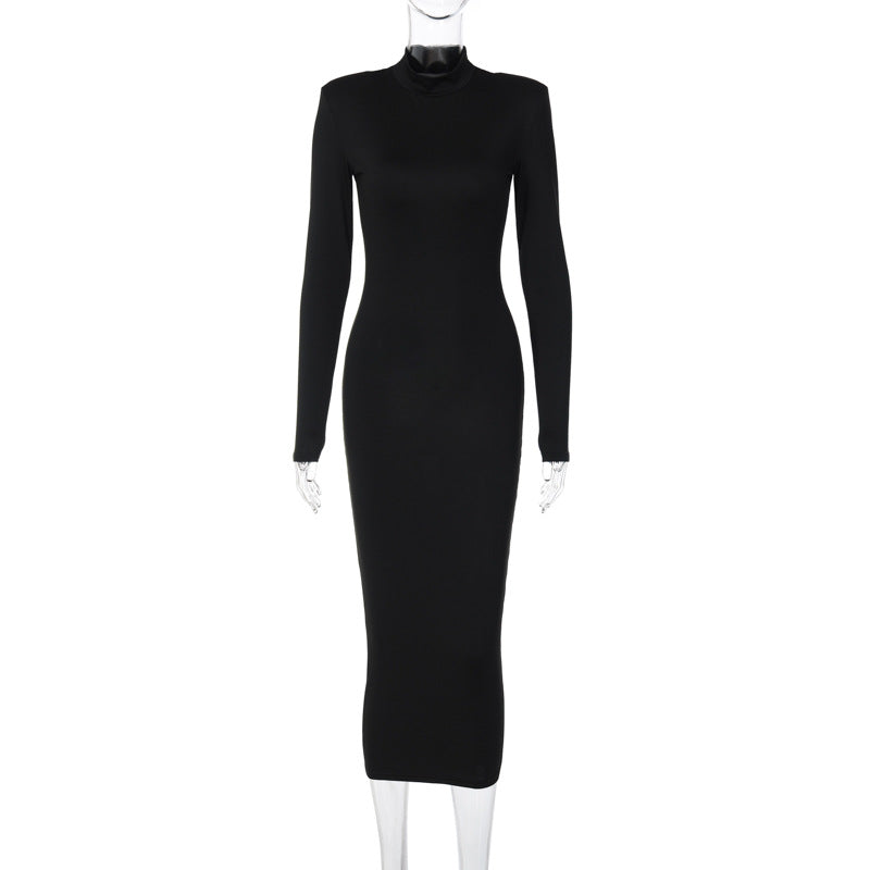 Women Clothing Autumn Solid Color Slim High Collar Long Sleeve Dress Black