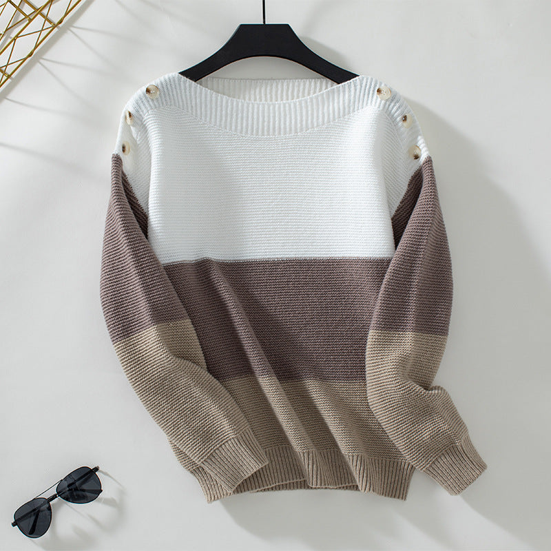 Contrast Color off Neck Button Pullover Women Sweater Autumn Winter Casual Loose Sweater Brown