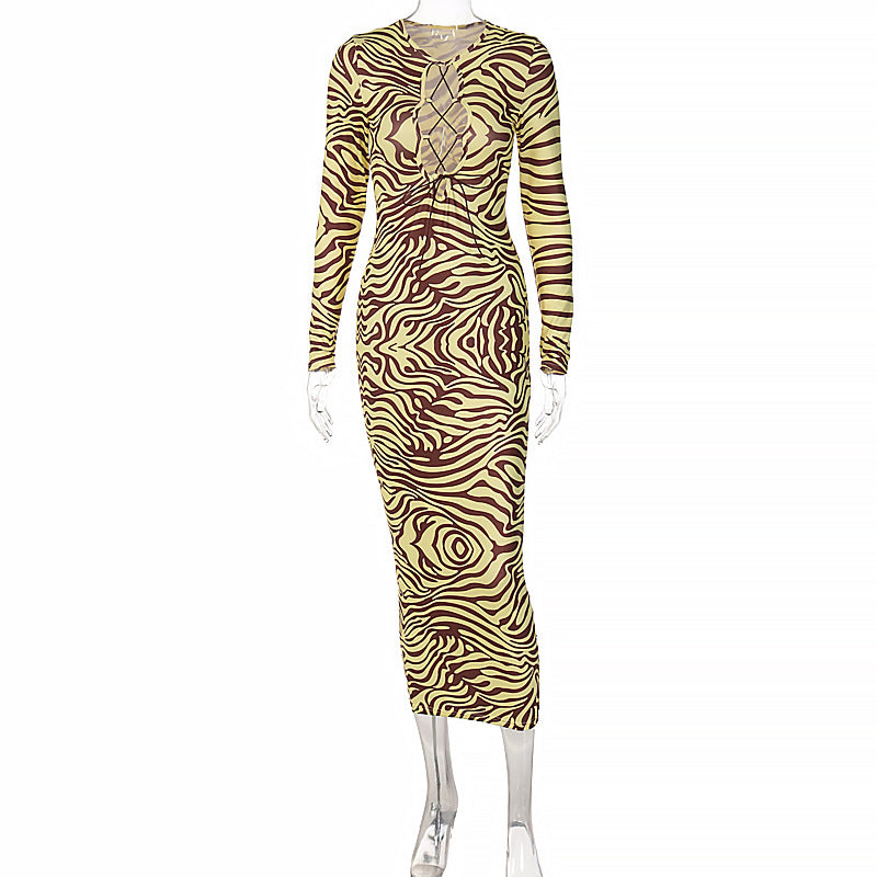 Printed Chest Hollow Out Cutout Long Sleeve Slim Dress Women Maxi Dress Yellow