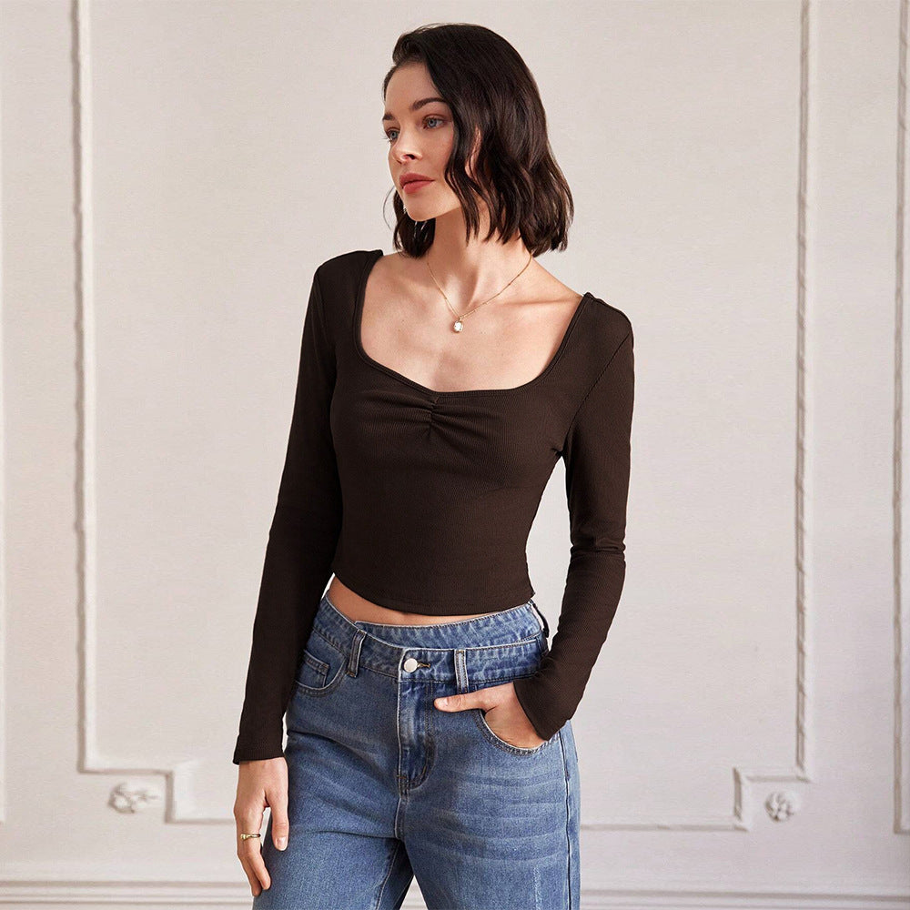 Simple Sexy T shirt Fall Winter Slim Backless Long Sleeves Beautiful Back Tank Top Women Brown