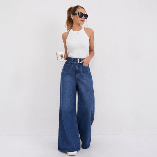 Women Denim High Waist Dark Wide Leg Mopping Jeans Women Loose Slimming Straight Pants