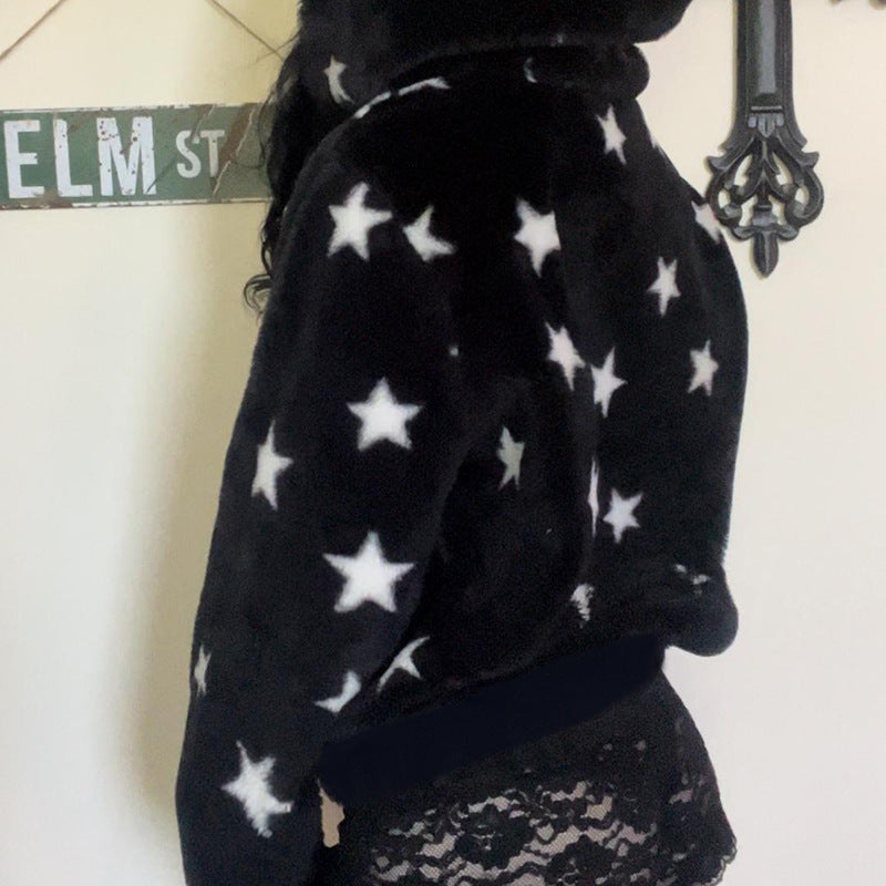 Five Pointed Star Hooded Loose Plush Warm Coat Millennium Sexy Street Contrast Color Niche Zipper Sweater