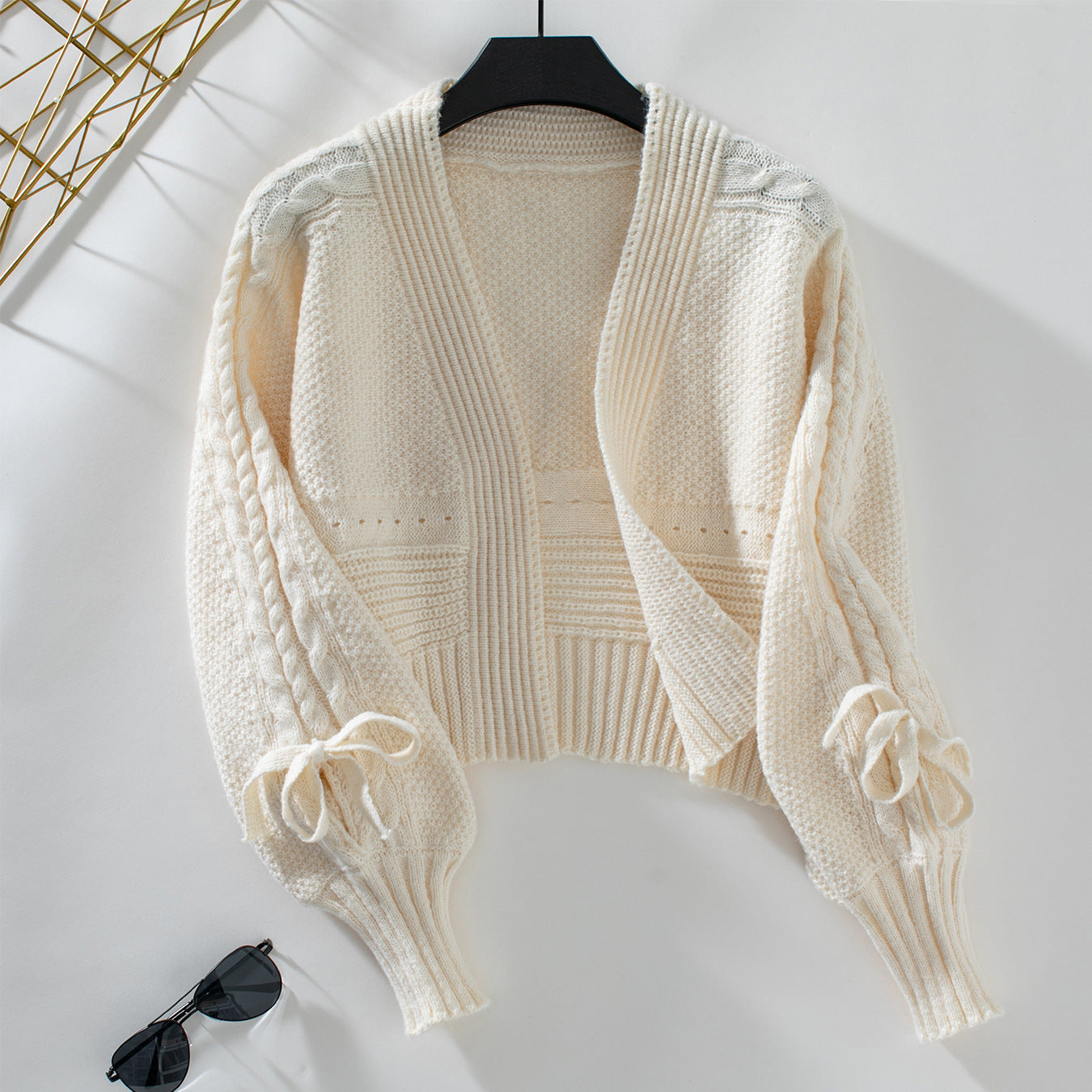 Short Bow Tie Knitted Cardigan Coat Women Autumn Outdoor Long Sleeve Sweater Top Apricot