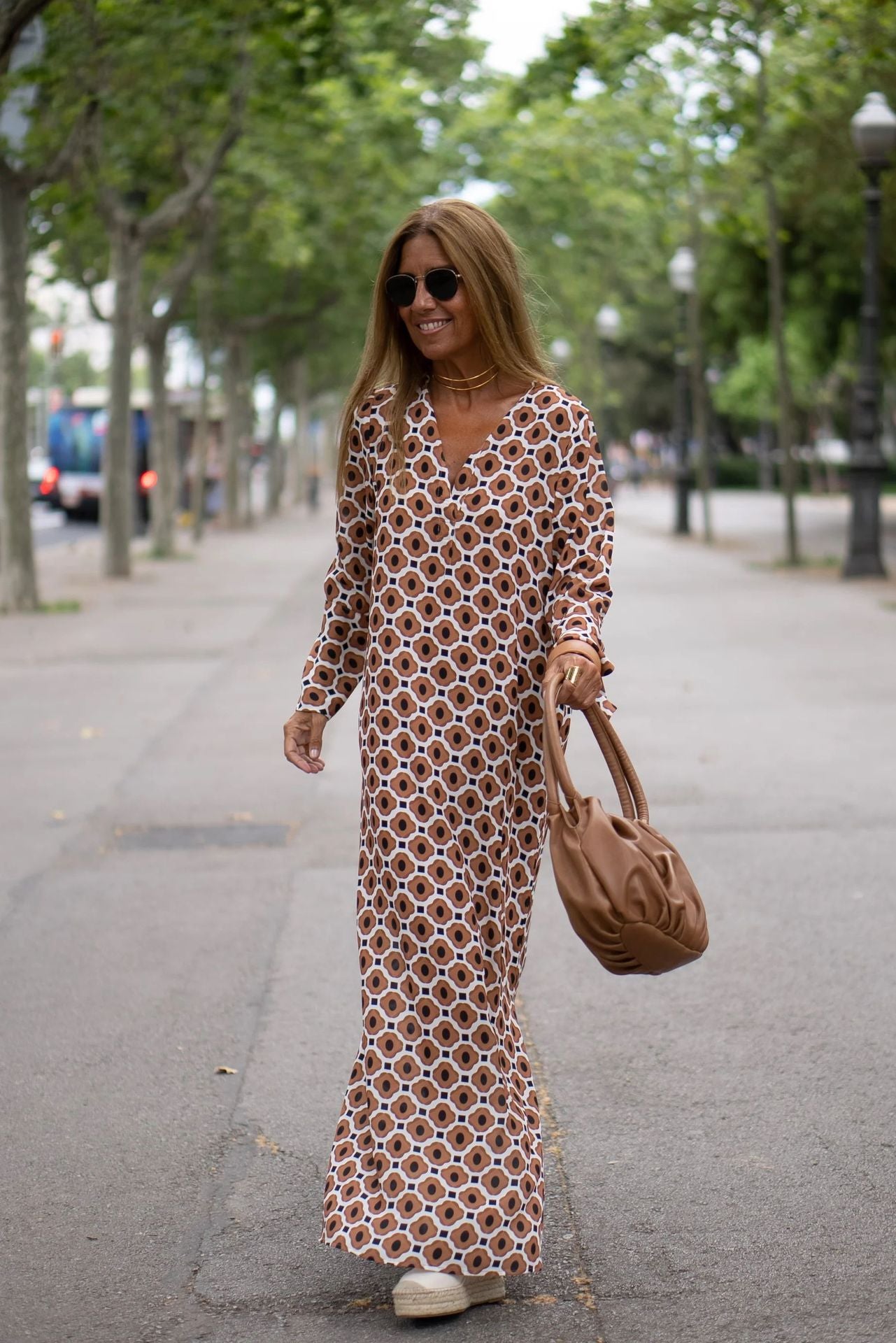 Fashionable V Neck Printed Long Sleeved Dress