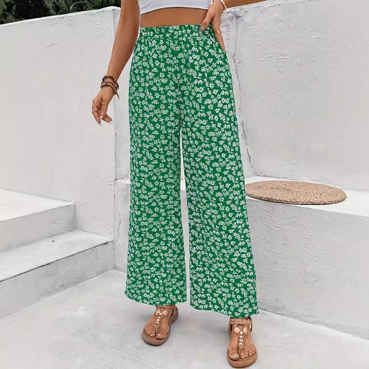 Spring Autumn Summer High Waist Small Floral Print Casual Loose Fitting Wide Leg Trousers