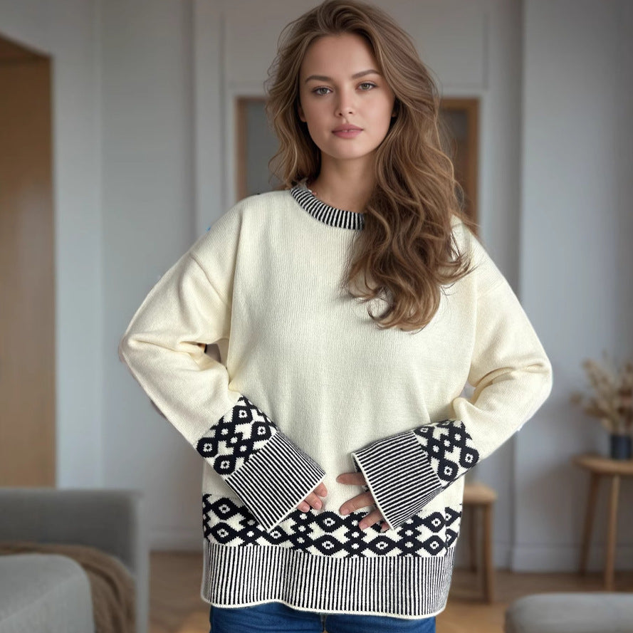 Round Neck Multicolor Brocade Sweater Women Autumn Winter Casual Loose Long Sleeved Knitted Pullover White