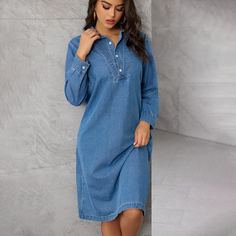 Chinese Stand Collar Women Clothing Elegant Graceful Retro Long Sleeve Denim Midi Dress Dress Women