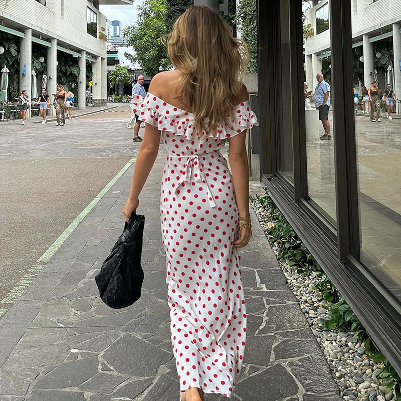 Women Clothing Spring Summer Polka Dot Printed A line Sexy Waist Trimming Ruffled Spaghetti Straps Dress