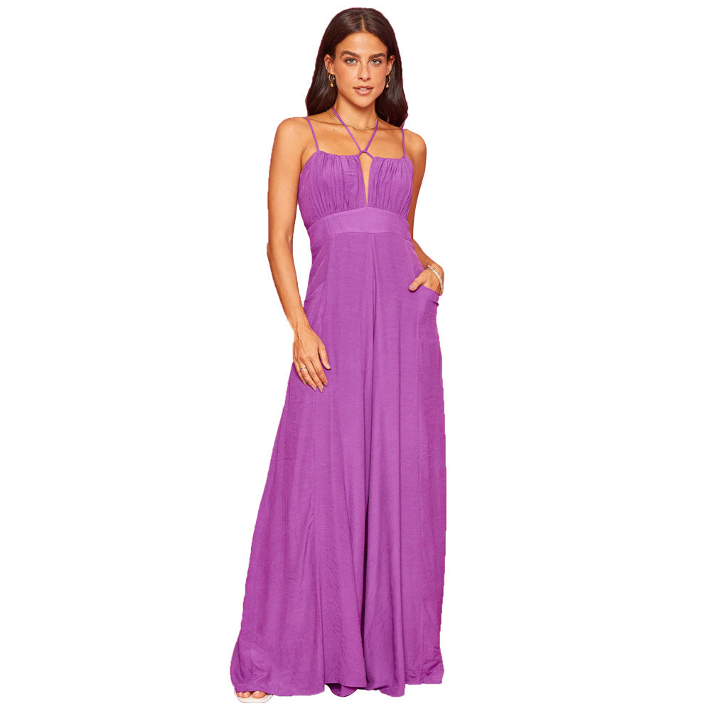 Backless Lightly Mature High Waist Lace-up Jumpsuit Purple