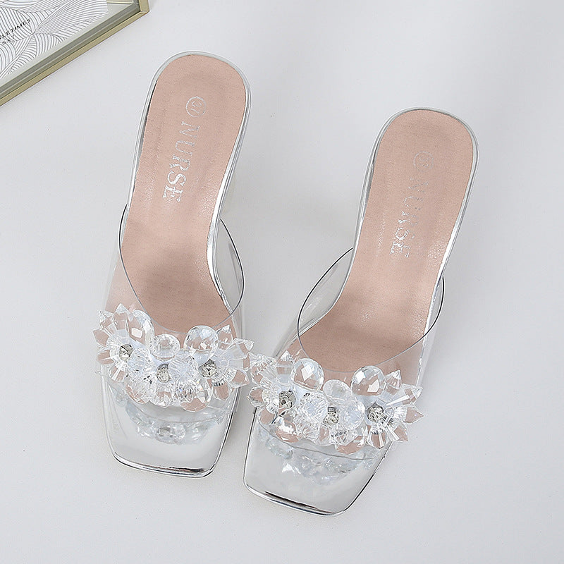 Summer Transparent Ankle Strap Sexy Open Toe Stiletto Heel Slippers Rhinestone Outdoor Cocktail Wine Glass Heel White