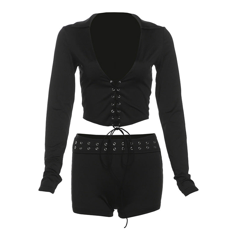 Fall Women Clothing Personality Sexy Low Cut Cropped Lace up Long Sleeve Casual Sets Black