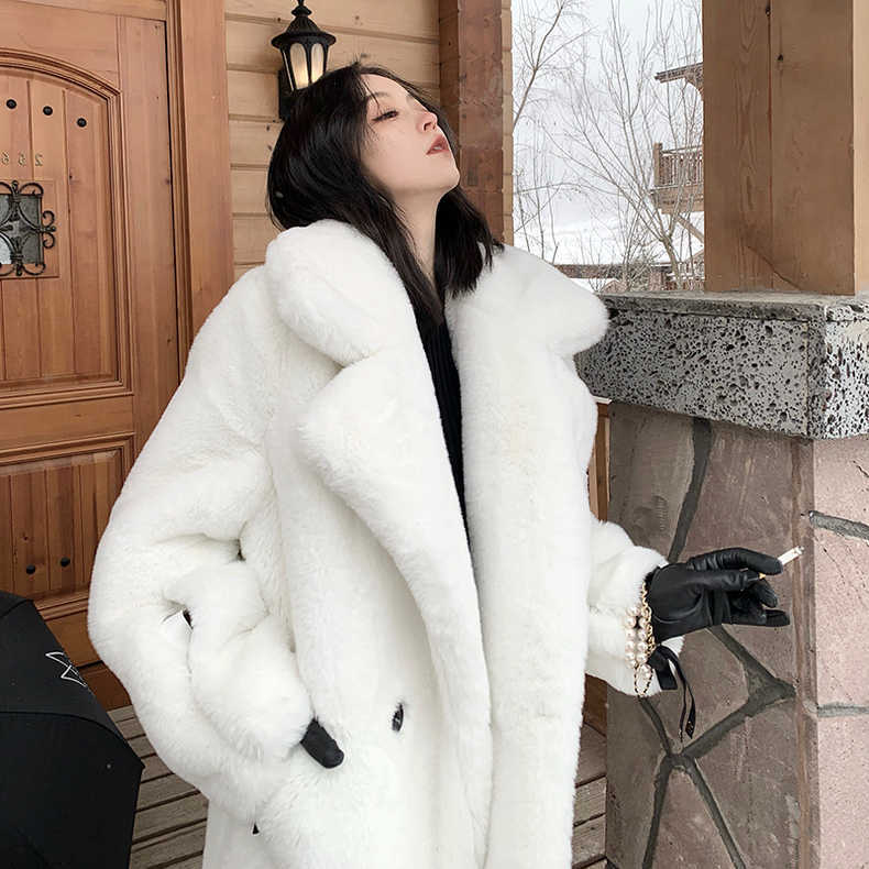 Korean Winter Coat Loose Faux Fur coat Collar Thick White Marten Fur Plush Overcoat