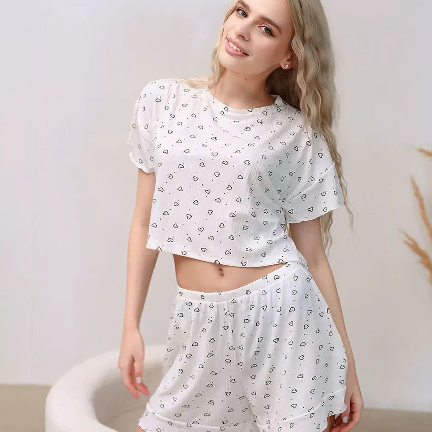 Summer Heart Printing Round Neck Short Sleeve Trousers Shorts Pajamas Three Piece Set Women Loose Comfortable Homewear