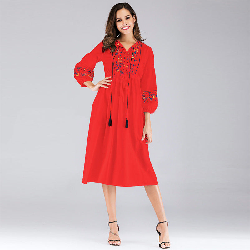 Summer Women Clothing Embroidered V neck Lace up Ninth Sleeve Dress One Size Red