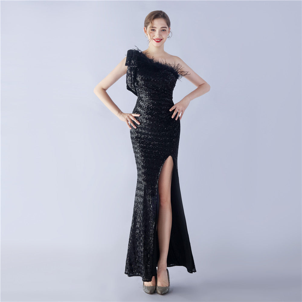 Craft Floral plus Ostrich Feather High End Sequined One Shoulder Evening Dress Black