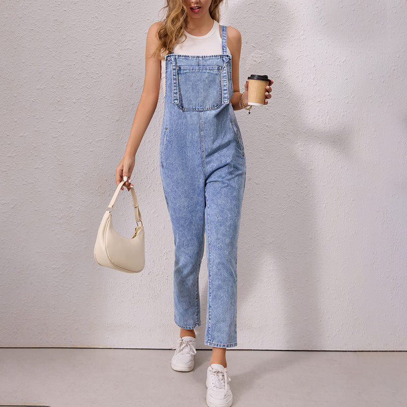 Loose Casual Suspenders Pants Autumn Women Clothing Denim Lace up One Piece Pants Length