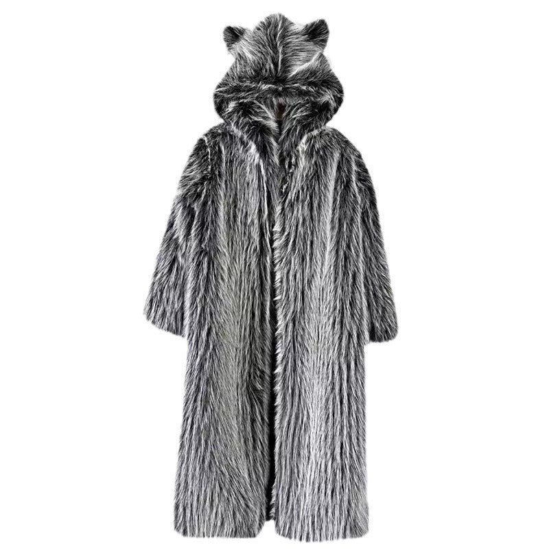 Women Autumn Winter Cat Ears Hooded Fur Black White Fur Coat Imitation Wool Overknee Long Warm Coat