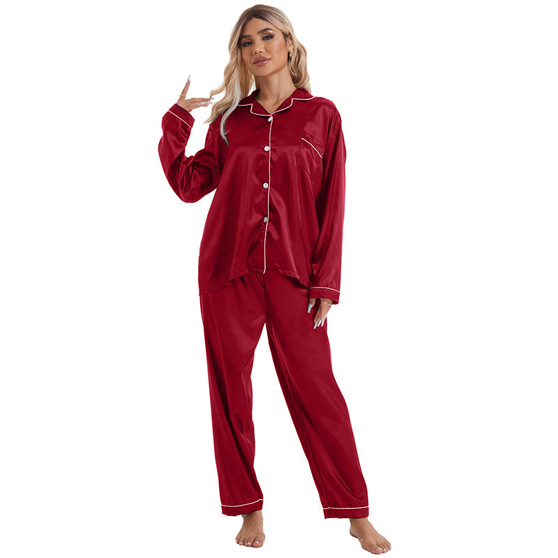 Home Wear Collared Ice Silk Pajamas Women Long Sleeved Trousers Two Piece Set Red