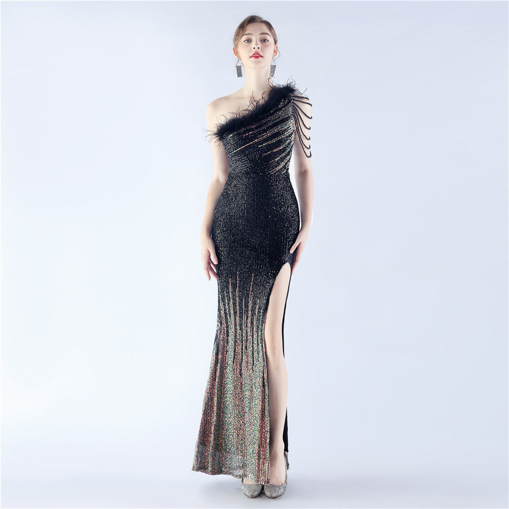 Gradient Sequin Craft Beaded Ostrich Feather Diagonal Collar One Shoulder Long Evening Dress Black