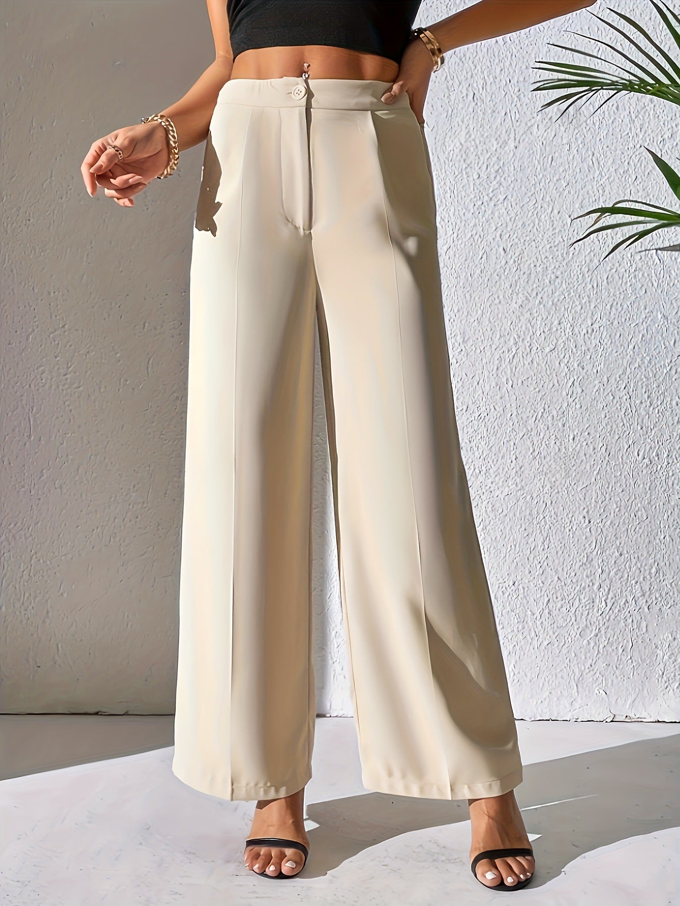 Solid Color Wide Leg Pants Draping Effect Elegant Loose Straight Casual Pants Women Ivory