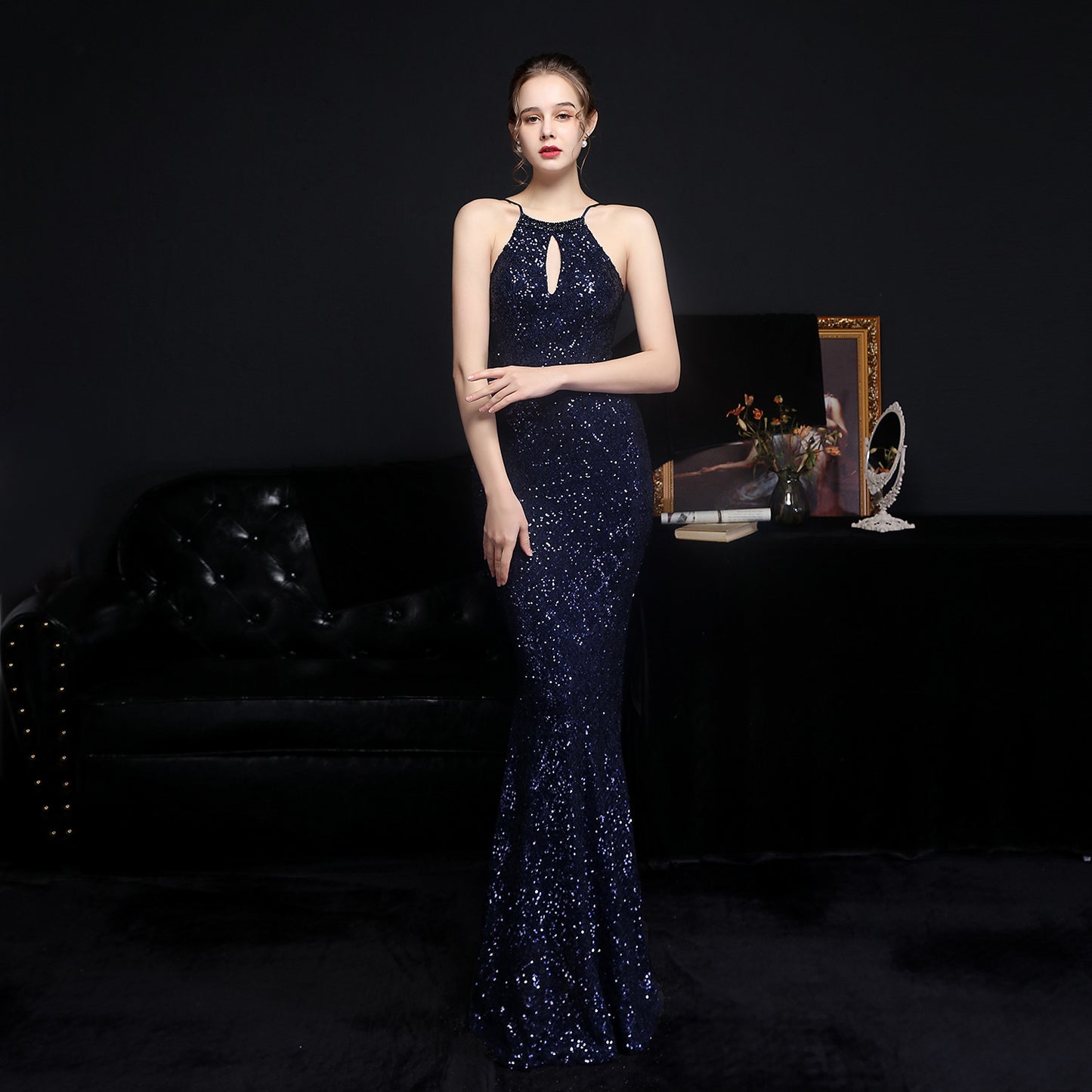 Cocktail Elegant Long Halter Set Diamond Sequined Aura Queen Fishtail Evening Dress purplish blue