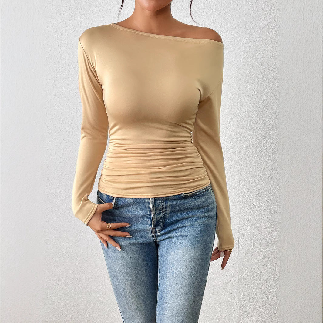 Autumn Winter Long-Sleeved Waist Tight Slimming Shoulder Hollow Out Cutout Top off Shoulder Undershirt