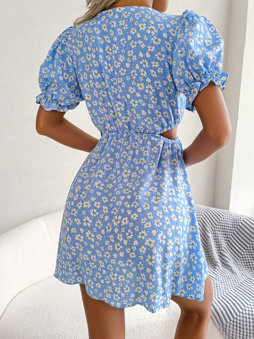 Spring Summer Casual Hollow Out Cutout out Tied Short Sleeve Floral Dress Women Clothing