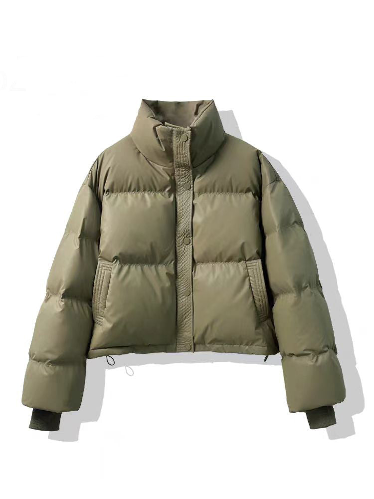 Faux Leather Cotton Clothing Women Short Loose Thick Bread Clothing Small Cotton Coat Jacket Army Green