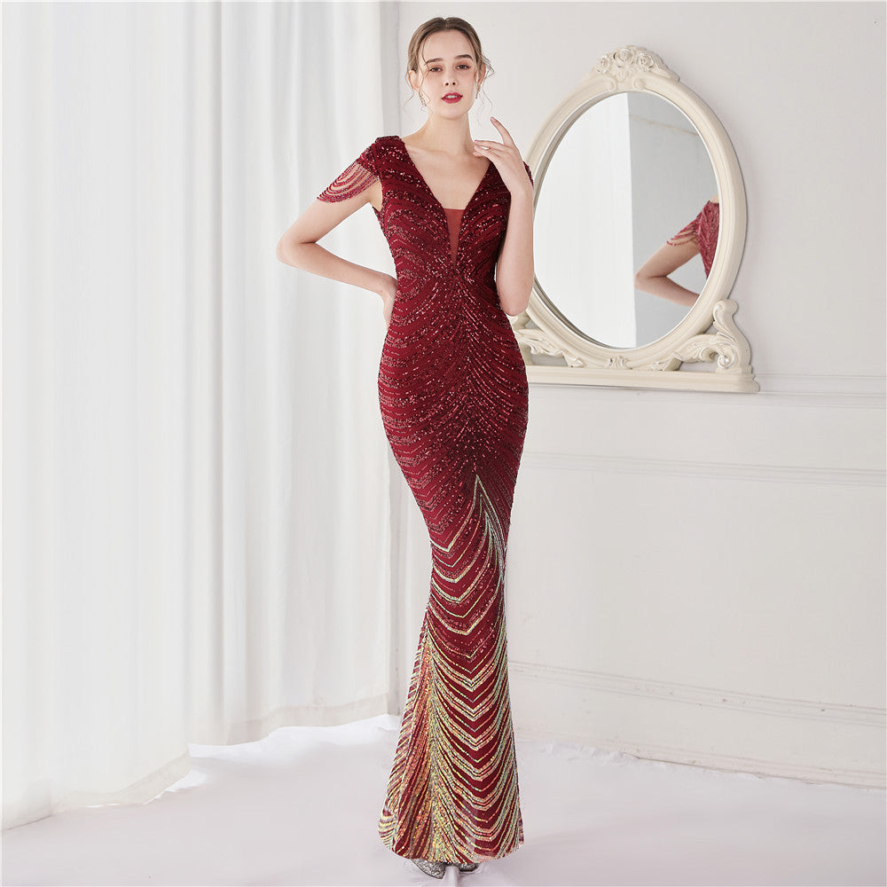 Positioning Floral Sequin Craft Beaded Party Party Evening Dress Sexy Long Toast Dress Bride Jujube Red