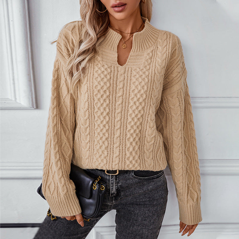 Solid Color Twisted Pullover Cardigan Collar Sweater Women Autumn Winter Retro Loose Long Sleeve Sweater