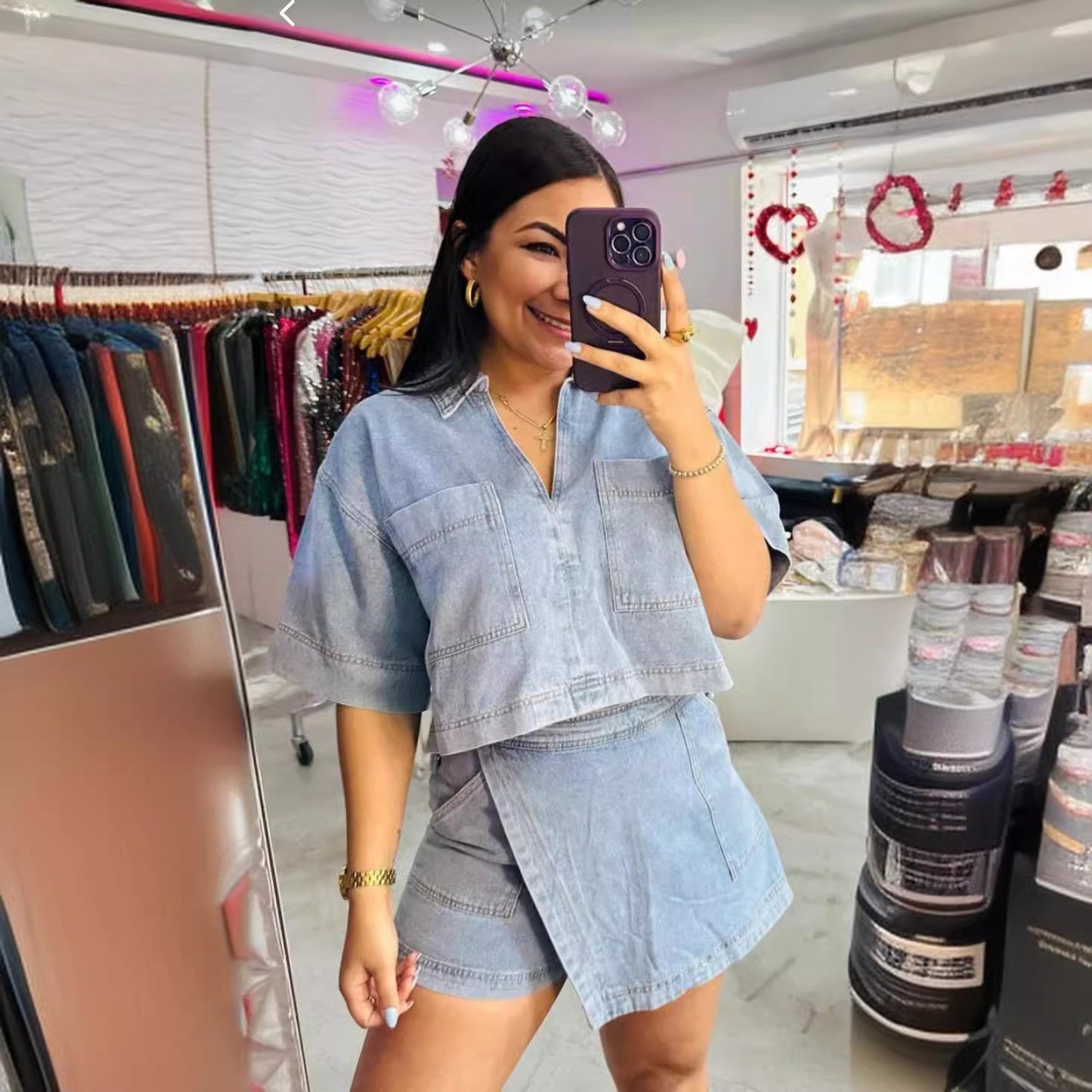 Comfort Casual Denim Women Summer Loose Slimming Polo Short Sleeve Shirt Irregular Asymmetric Pantskirt Two Piece Set