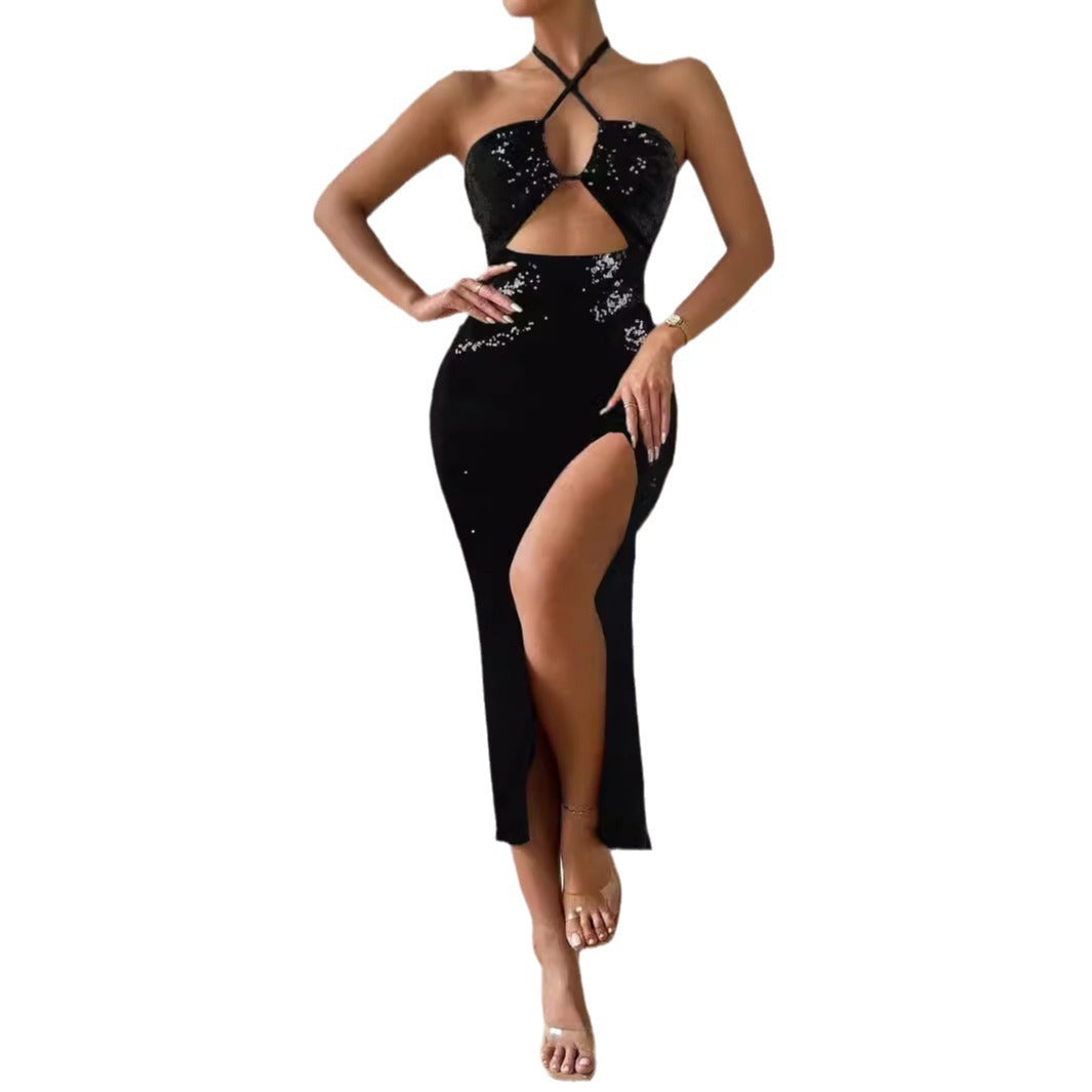 Women Strap Halter Slit Slim Fitting Sequ Dress Black