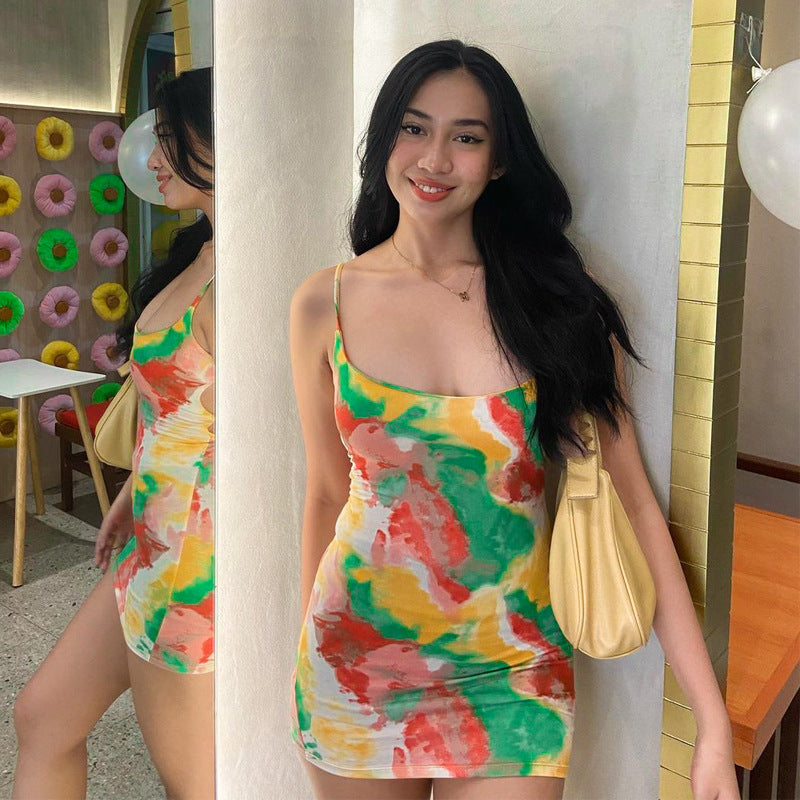 Women Clothing Summer Tie-Dye Short Sexy Lace Backless Strap Dress for Women