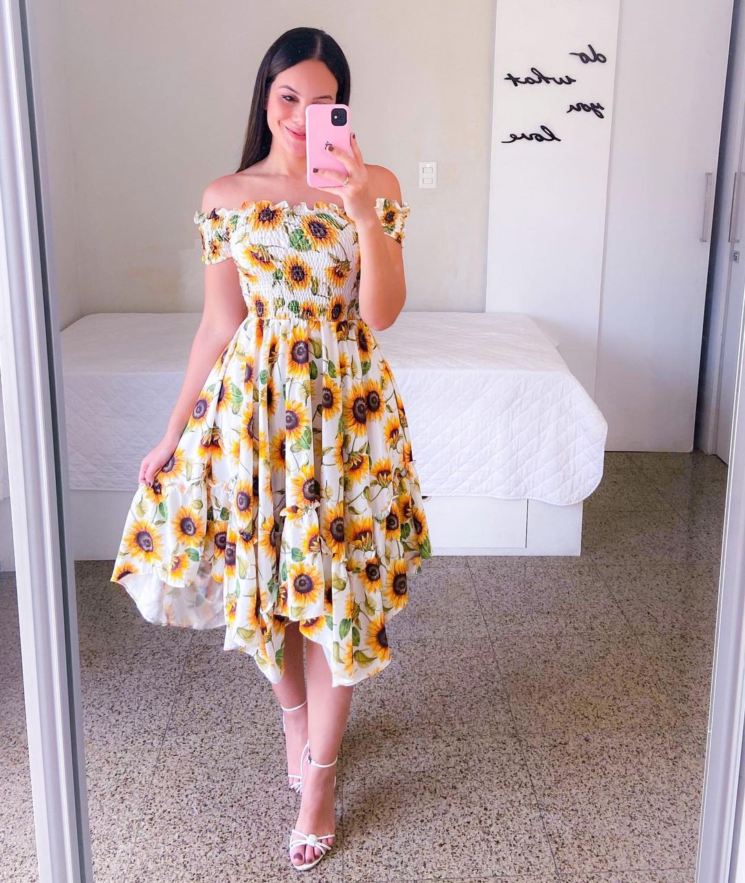 Off Shoulder Collar Asymmetric Short Sleeve Printing Dress Yellow