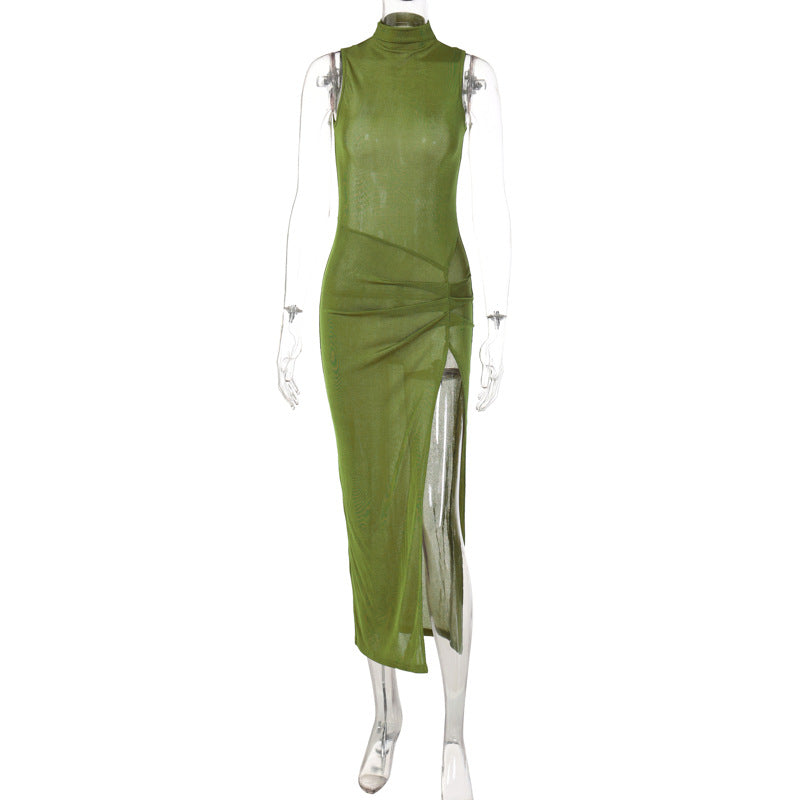 Women Clothing Summer Solid Color Sleeveless Split Mid-Length Dress Sexy Slim Dress for Women Green