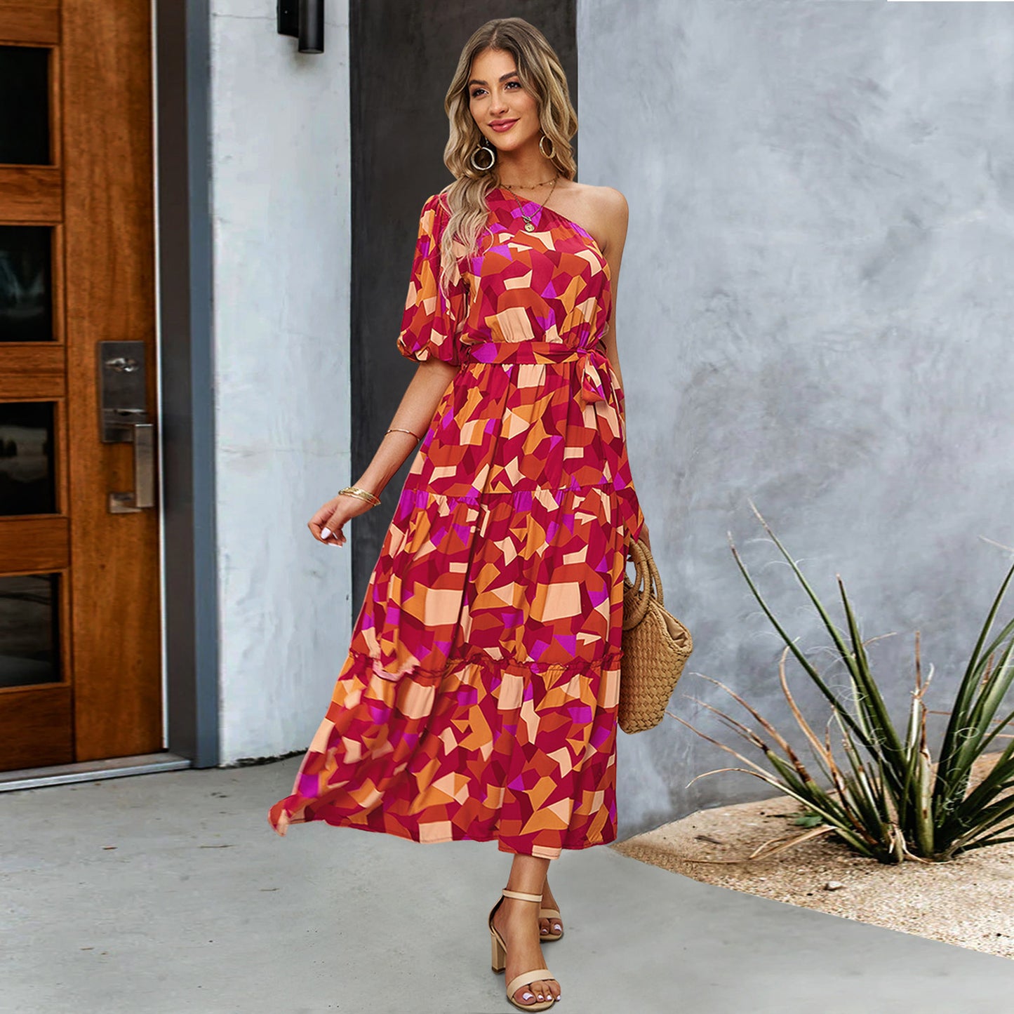 Women Clothing Printed Dress Summer Elegant One Shoulder Dress Red