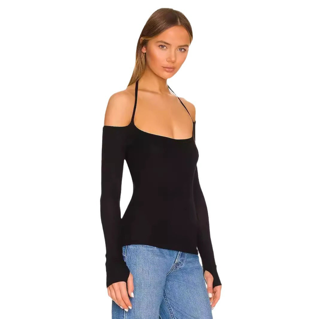 Autumn Long Sleeve Thumb Hole T shirt Sexy Halter off Shoulder Women Clothing Design Blouse