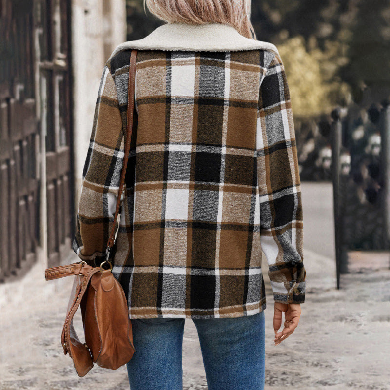 Autumn Winter Women Brushed Collared Plaid Coat Women