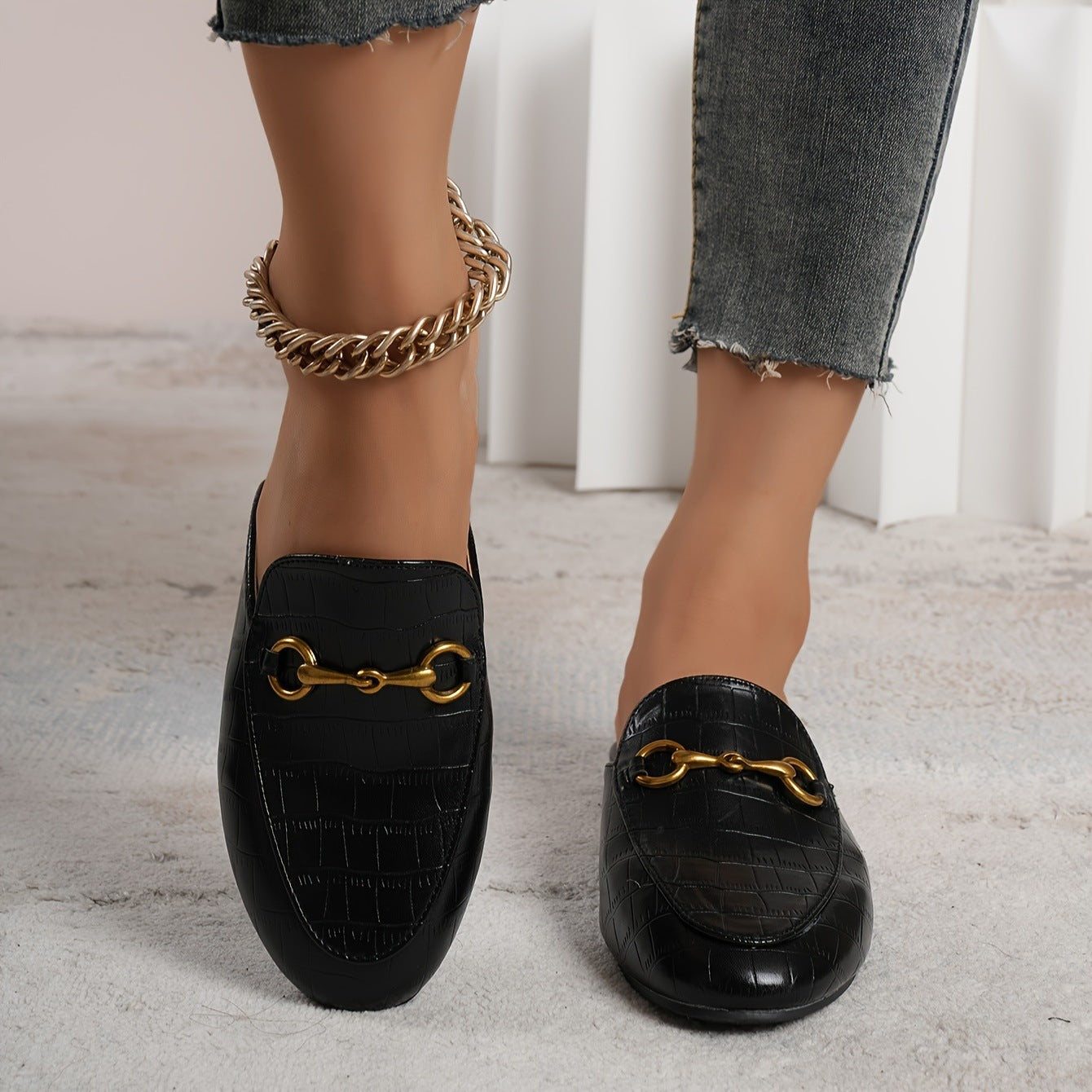 round Head Stone Pattern Women Flat Lazybones Shoes Casual Slip on Square Gommino Black