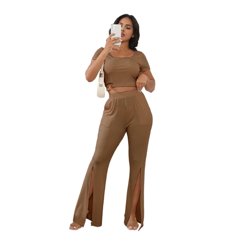 Spring Summer Solid Color Round Neck Short Sleeves Women Casual Split Blouse Pants Dark Brown