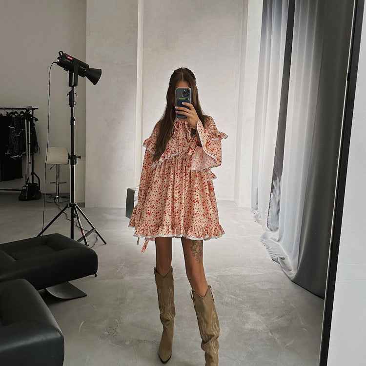 Women Clothing Spring Summer Printed Dress Flared Sleeves Lace up Dress Women Apricot