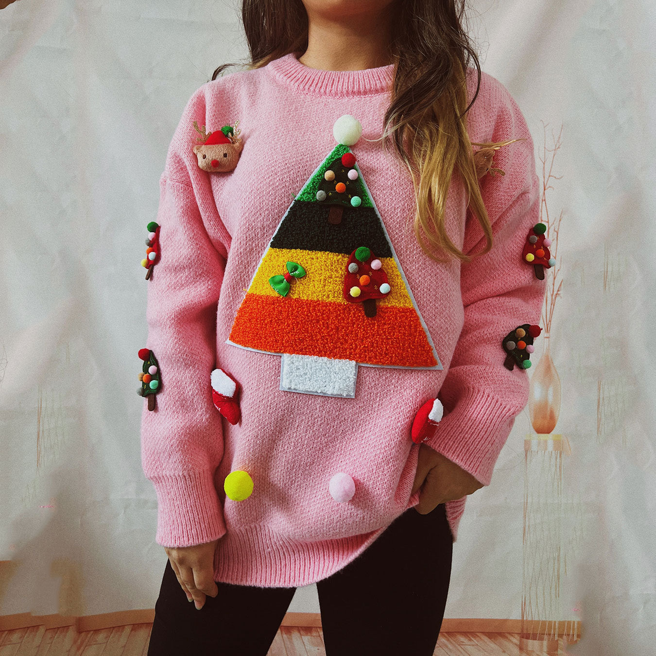 Christmas Sweater Women Autumn Winter Long Sleeve Idle round Neck Pullover Sweater Pink