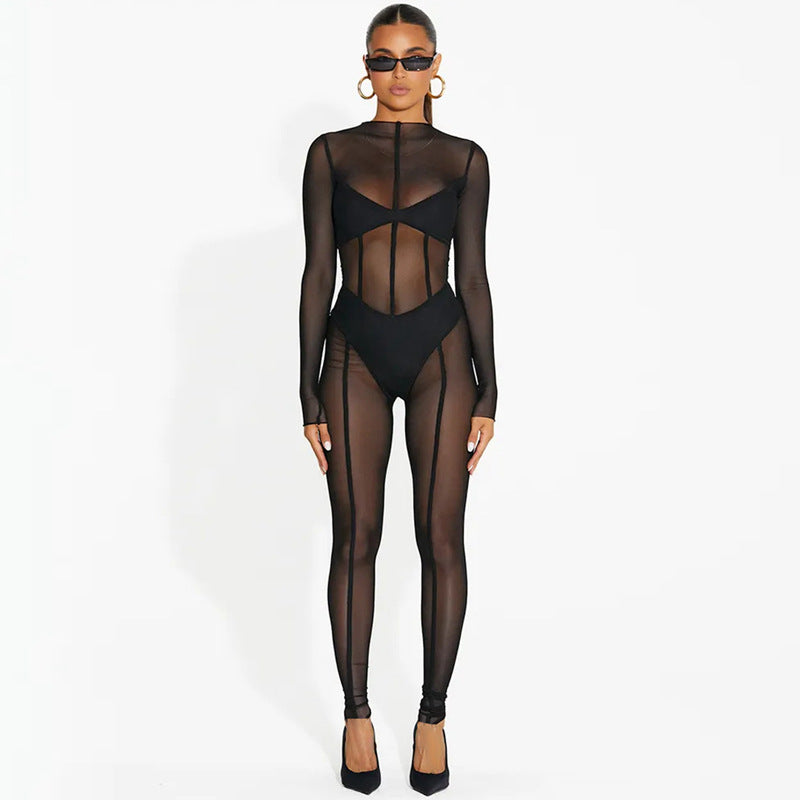 Long Sleeve Mesh Trousers Autumn Women Clothing Sexy See through Jumpsuit