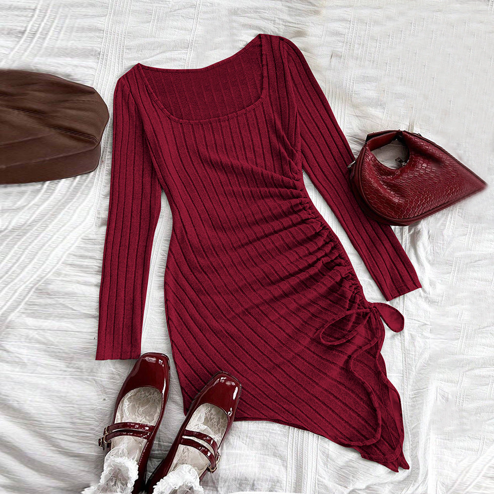 Women Clothing Simple Pure Dress Autumn Winter All Matching Sheath Wine Red Dress