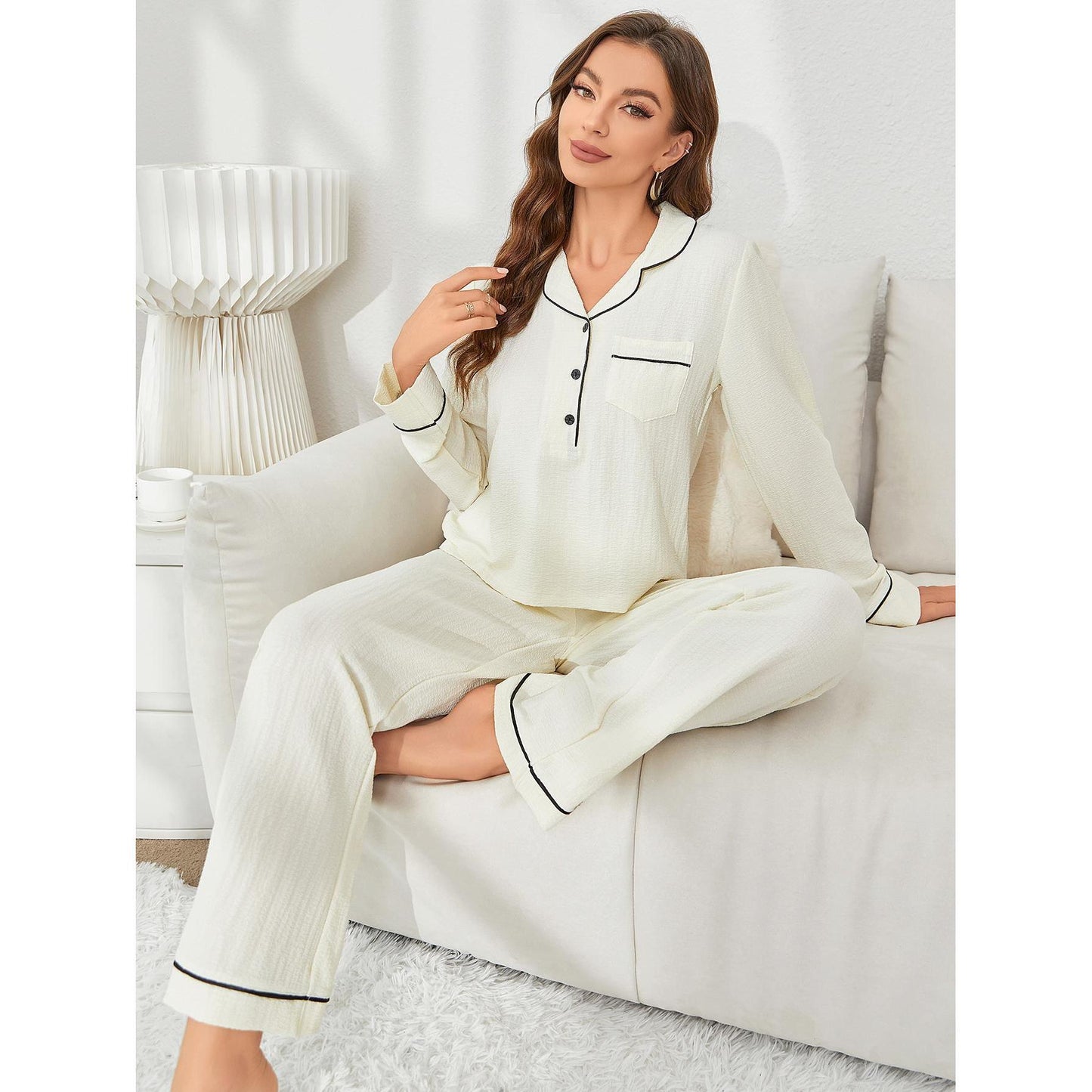 Home Wear Autumn Winter Long Sleeves Cardigan Trousers Two Piece Women Pajamas