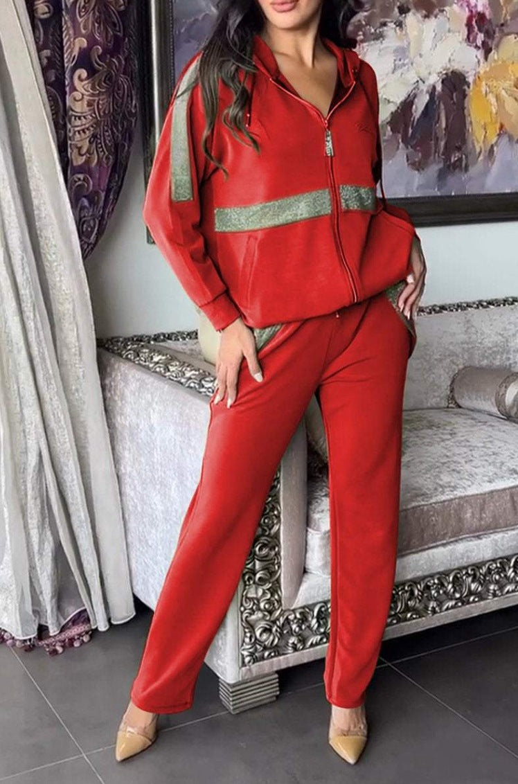 Autumn Winter Casual Long Sleeve Pants Sweater Trousers Two Piece Set Red